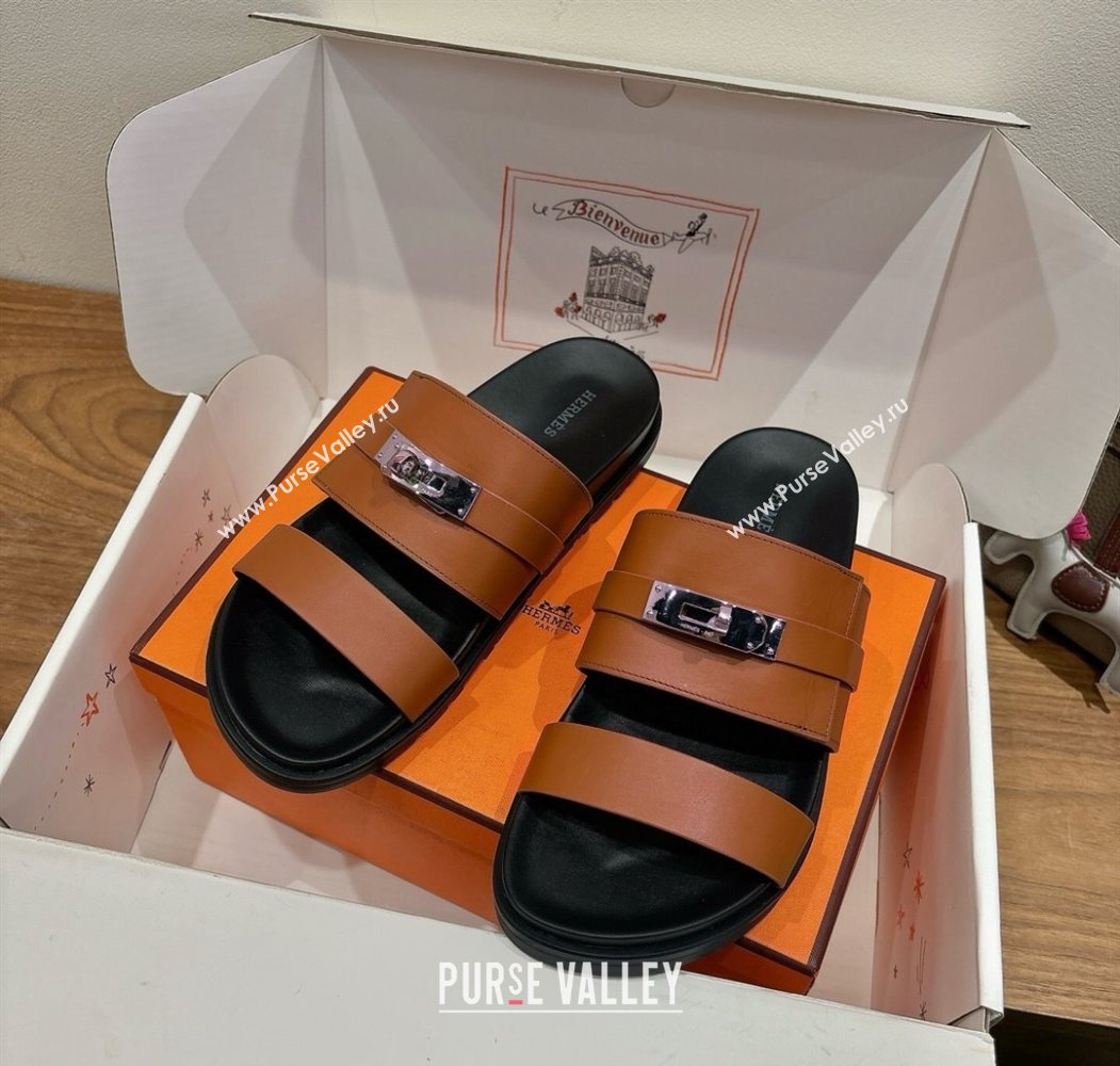Hermes Jackson Flat Slides Sandal in Calfskin Leather Brown 2025 H082008 (XC-250820090)