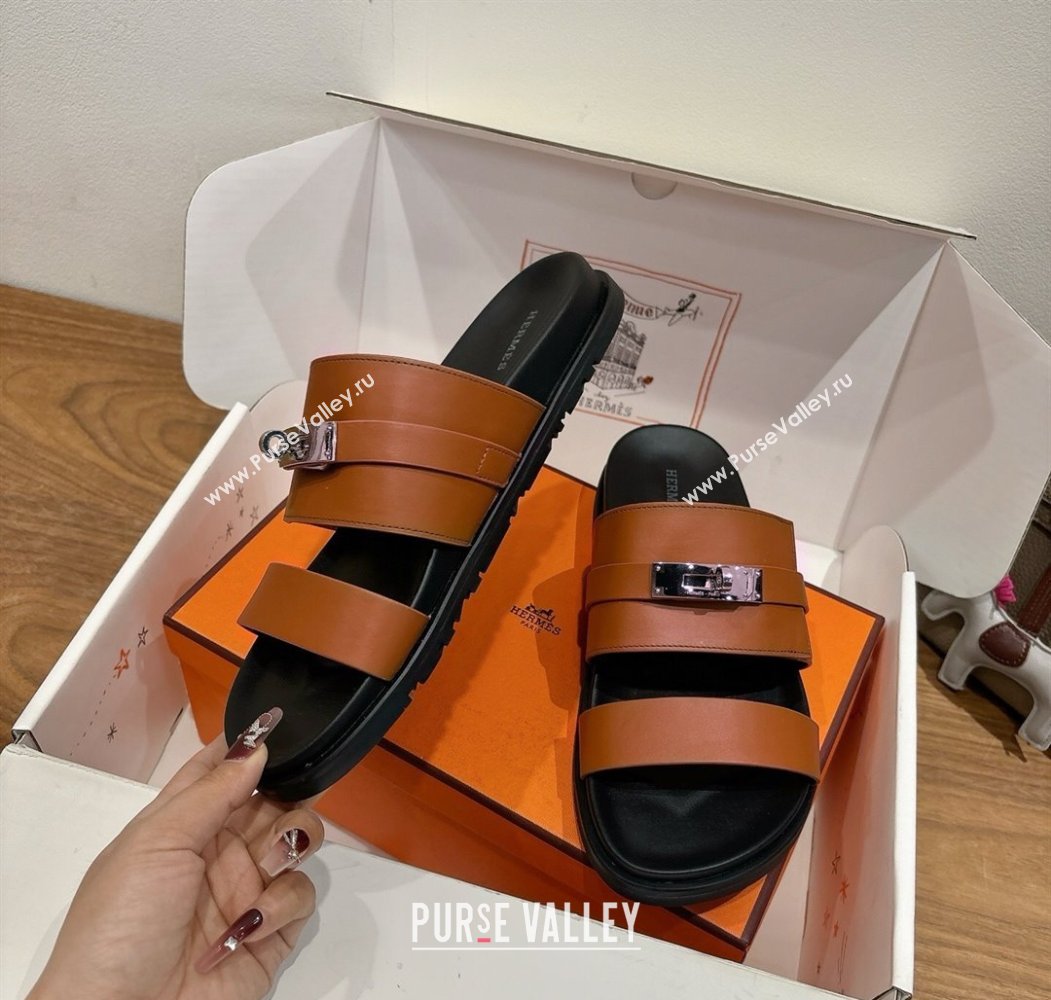 Hermes Jackson Flat Slides Sandal in Calfskin Leather Brown 2025 H082008 (XC-250820090)