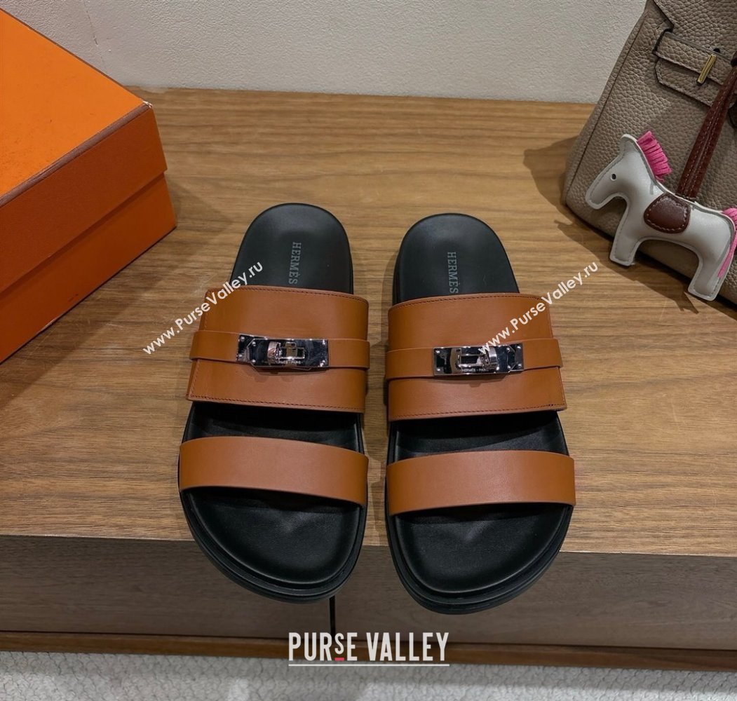 Hermes Jackson Flat Slides Sandal in Calfskin Leather Brown 2025 H082008 (XC-250820090)