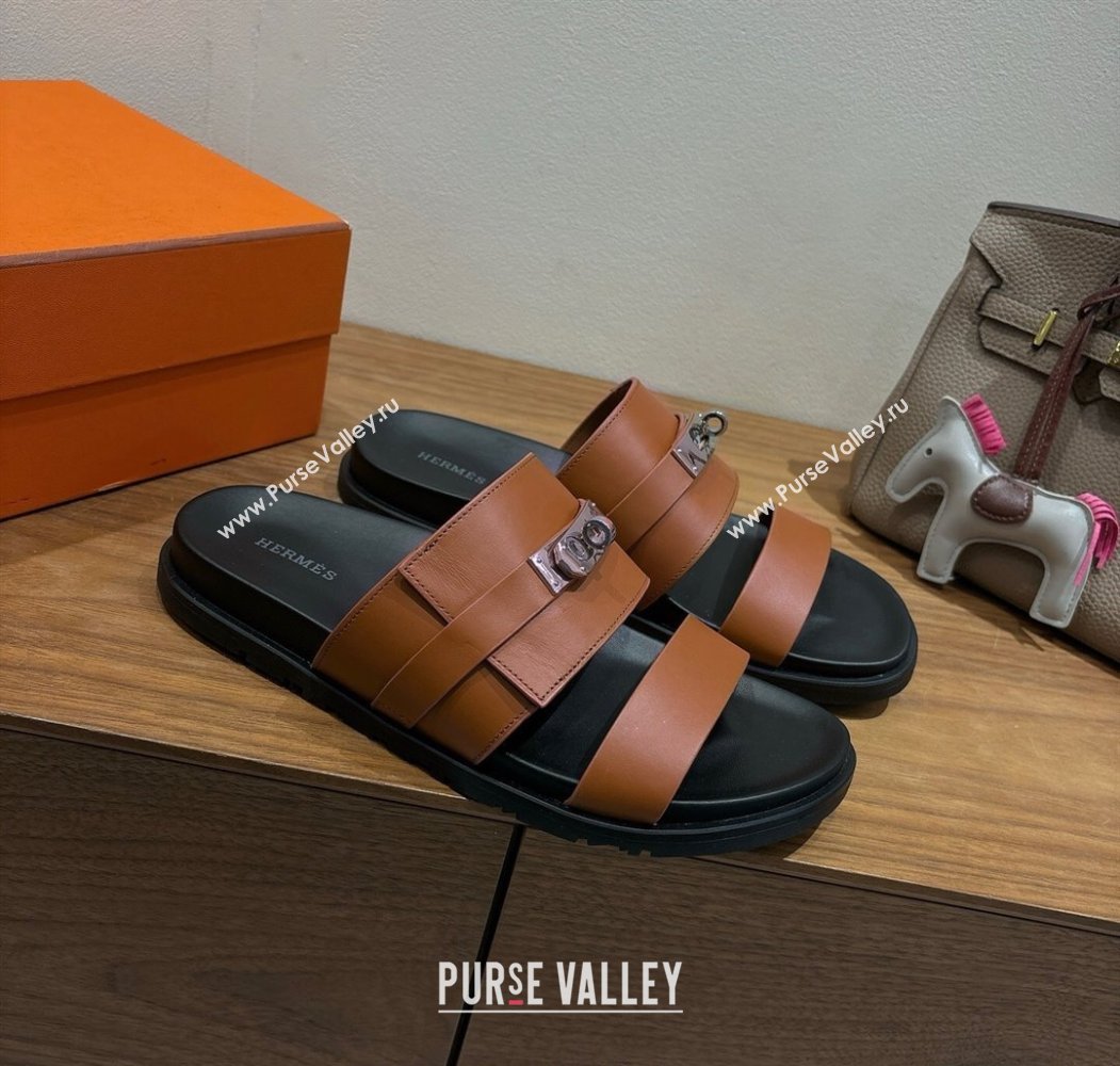 Hermes Jackson Flat Slides Sandal in Calfskin Leather Brown 2025 H082008 (XC-250820090)
