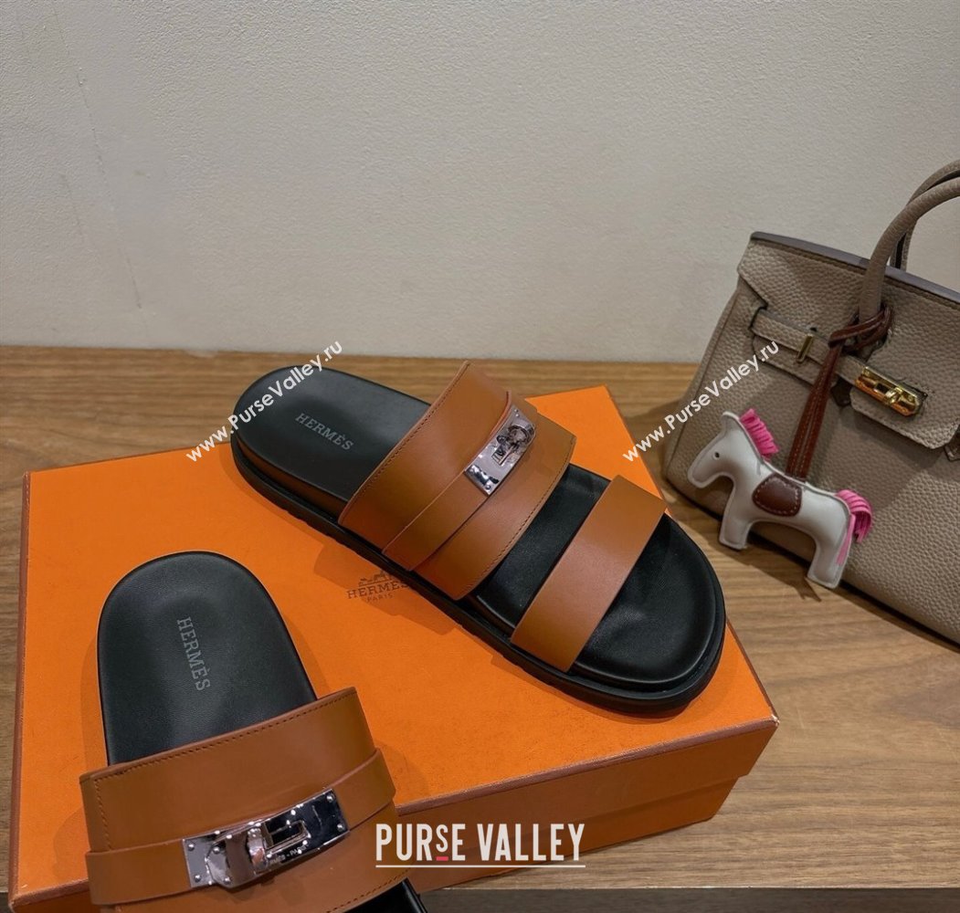 Hermes Jackson Flat Slides Sandal in Calfskin Leather Brown 2025 H082008 (XC-250820090)