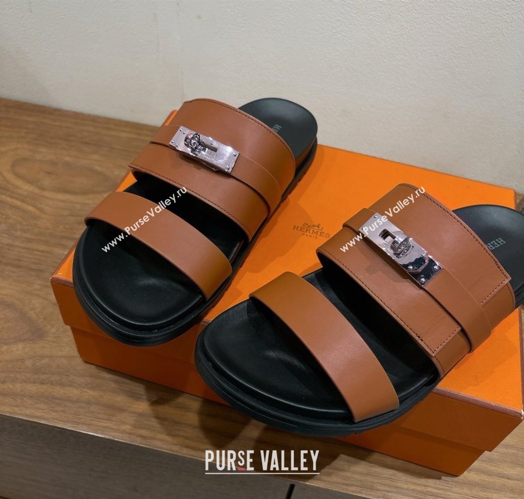 Hermes Jackson Flat Slides Sandal in Calfskin Leather Brown 2025 H082008 (XC-250820090)
