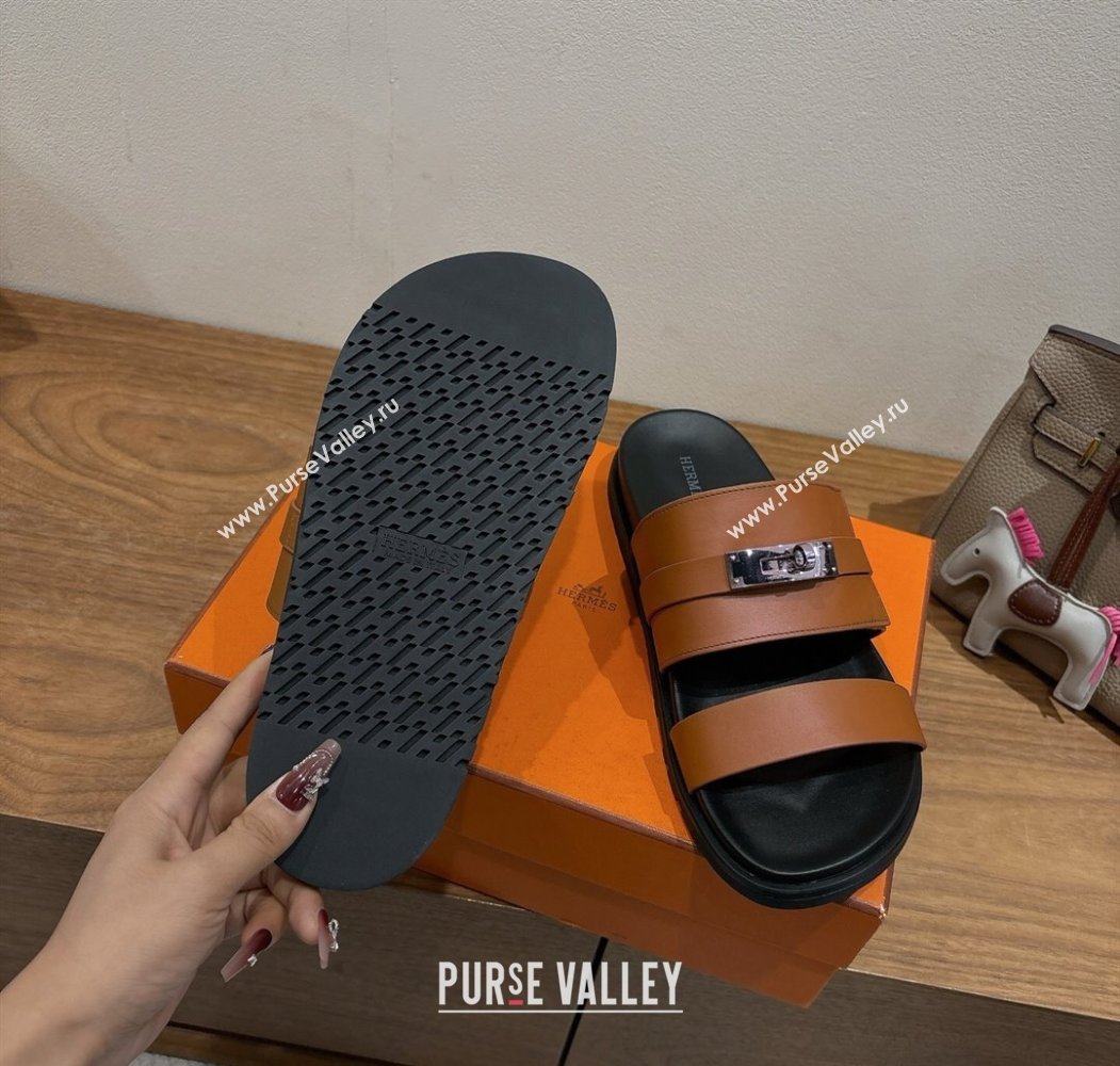 Hermes Jackson Flat Slides Sandal in Calfskin Leather Brown 2025 H082008 (XC-250820090)