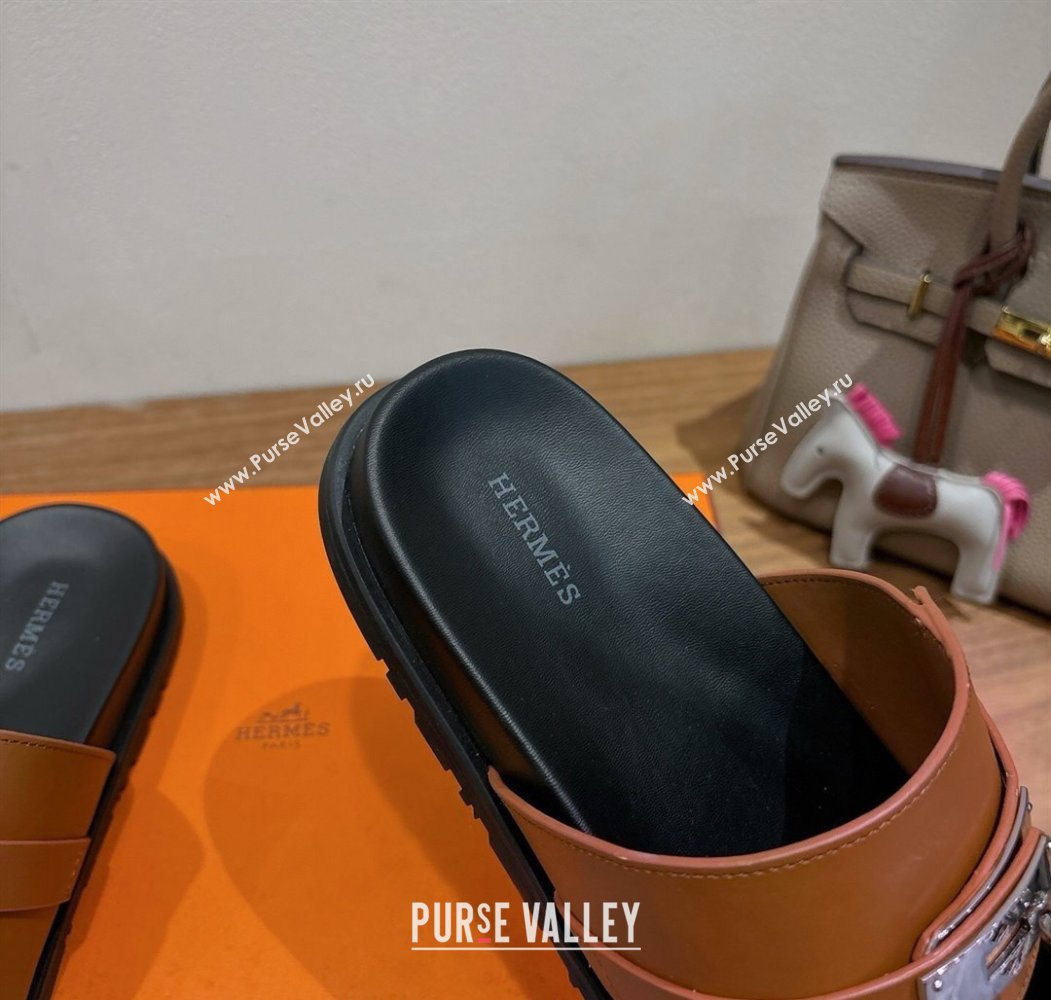 Hermes Jackson Flat Slides Sandal in Calfskin Leather Brown 2025 H082008 (XC-250820090)