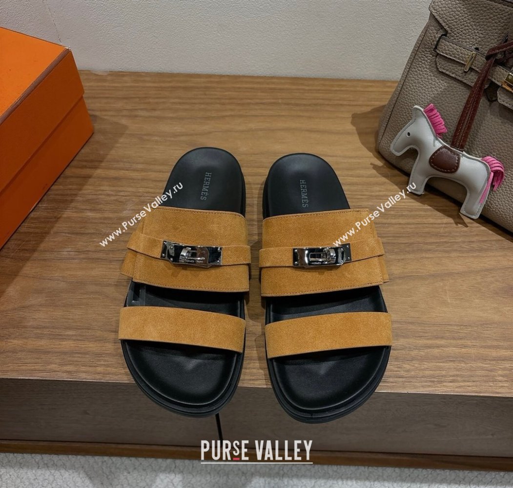 Hermes Jackson Flat Slides Sandal in Suede Yellow 2025 H082008 (XC-250820091)