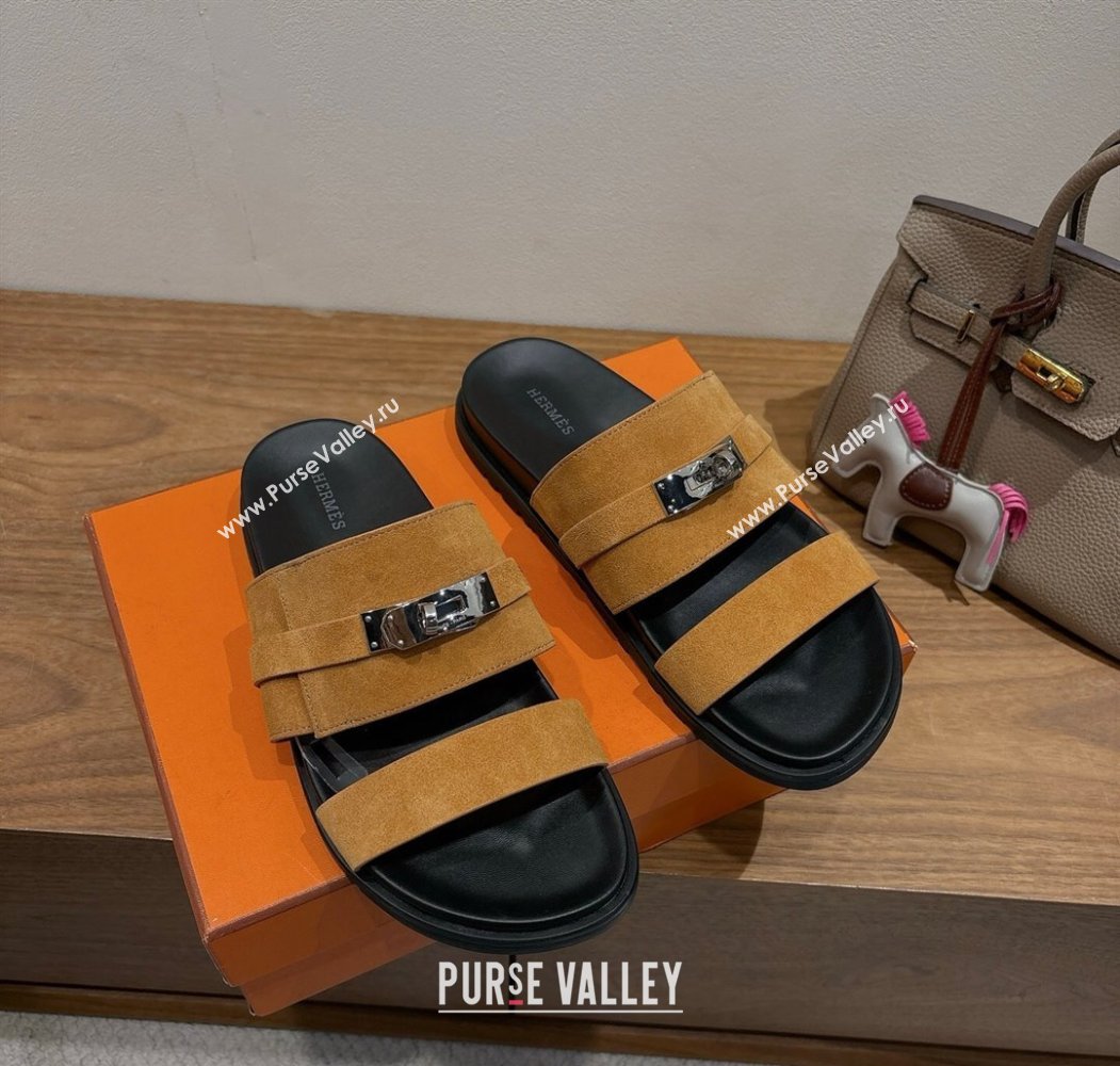 Hermes Jackson Flat Slides Sandal in Suede Yellow 2025 H082008 (XC-250820091)