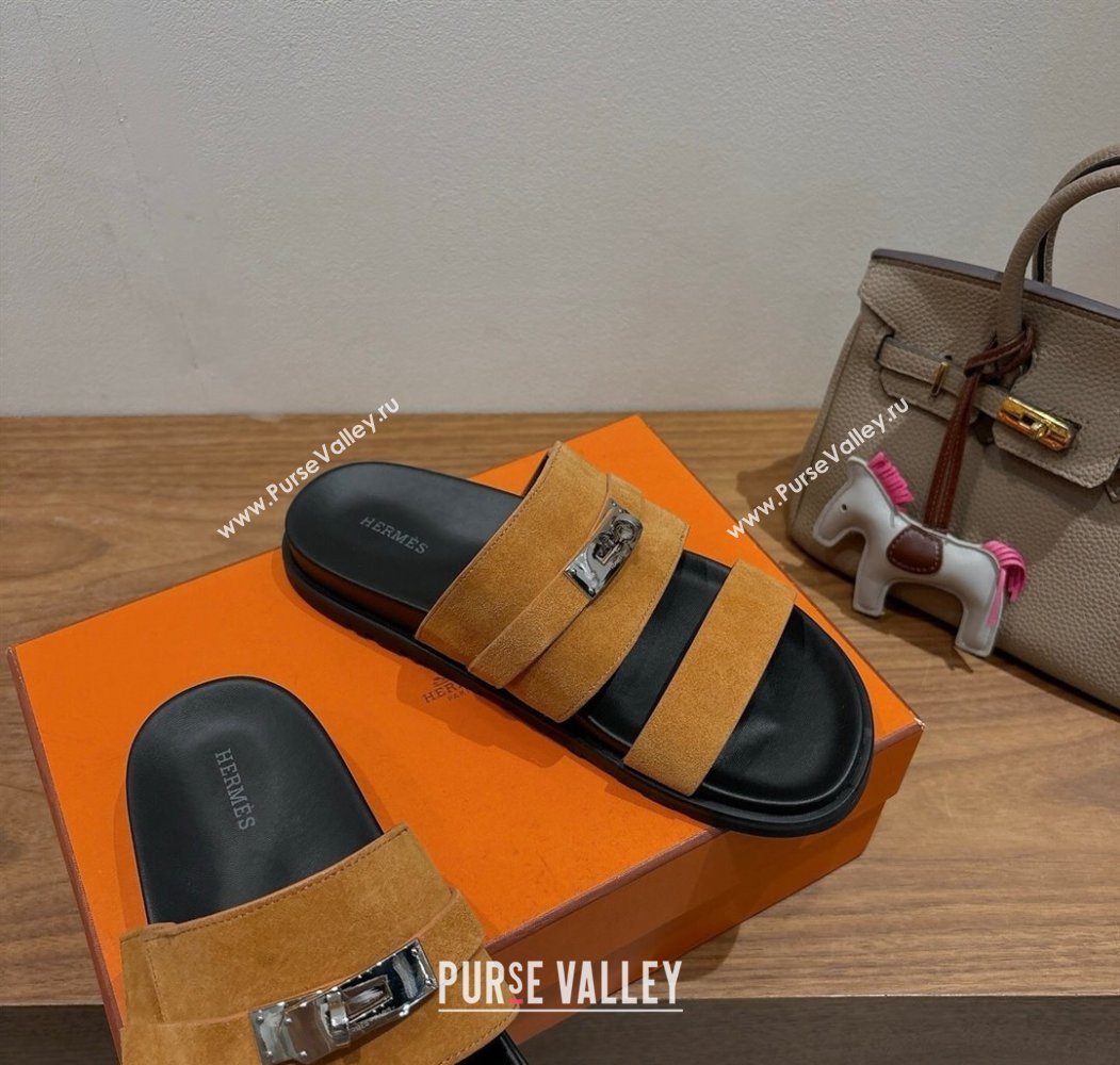 Hermes Jackson Flat Slides Sandal in Suede Yellow 2025 H082008 (XC-250820091)