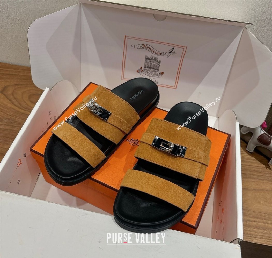 Hermes Jackson Flat Slides Sandal in Suede Yellow 2025 H082008 (XC-250820091)