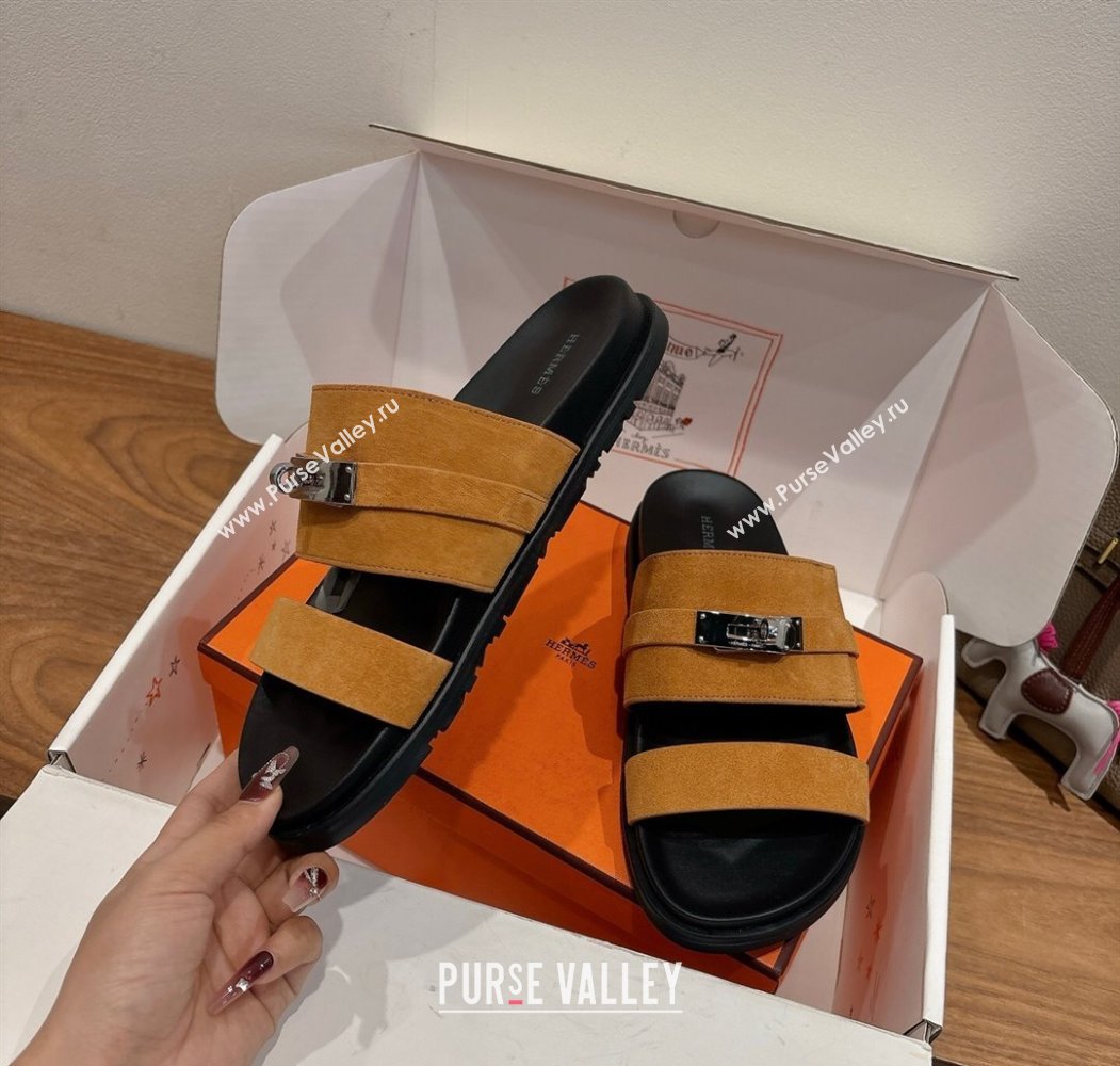 Hermes Jackson Flat Slides Sandal in Suede Yellow 2025 H082008 (XC-250820091)