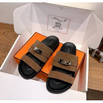 Hermes Jackson Flat Slides Sandal in Suede Dark Brown 2025 H082008 (XC-250820092)