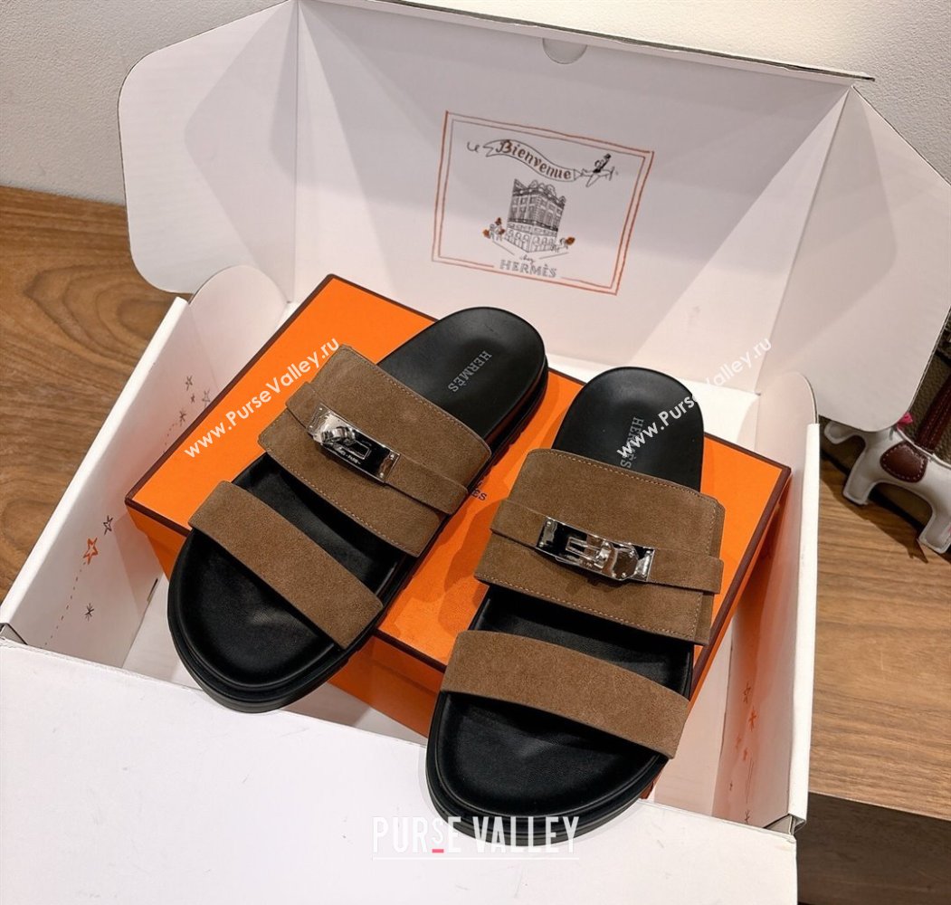Hermes Jackson Flat Slides Sandal in Suede Dark Brown 2025 H082008 (XC-250820092)