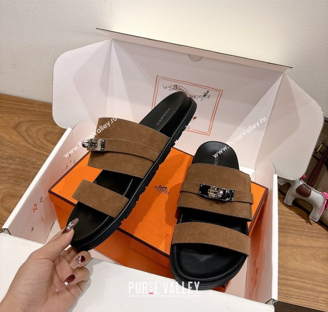 Hermes Jackson Flat Slides Sandal in Suede Dark Brown 2025 H082008 (XC-250820092)