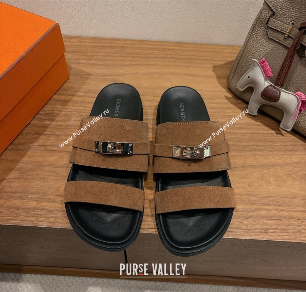 Hermes Jackson Flat Slides Sandal in Suede Dark Brown 2025 H082008 (XC-250820092)