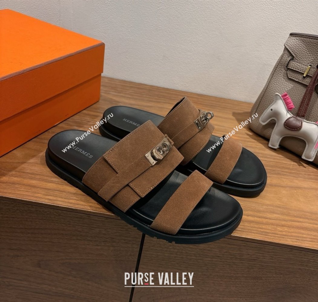 Hermes Jackson Flat Slides Sandal in Suede Dark Brown 2025 H082008 (XC-250820092)