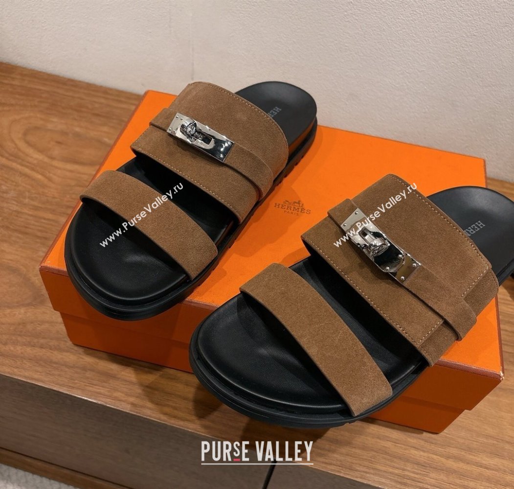 Hermes Jackson Flat Slides Sandal in Suede Dark Brown 2025 H082008 (XC-250820092)