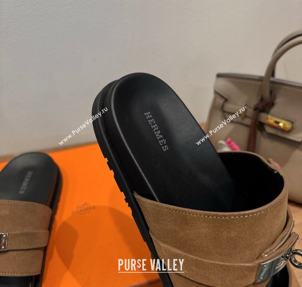 Hermes Jackson Flat Slides Sandal in Suede Dark Brown 2025 H082008 (XC-250820092)