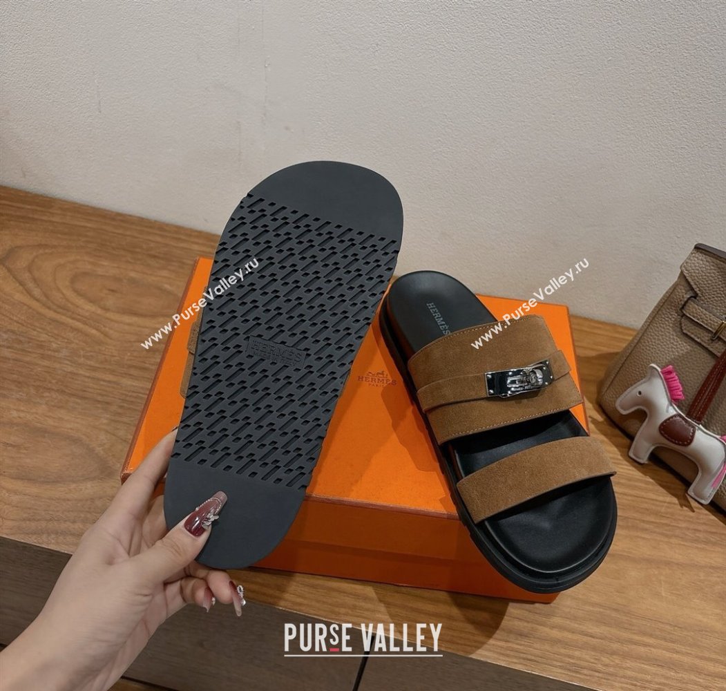Hermes Jackson Flat Slides Sandal in Suede Dark Brown 2025 H082008 (XC-250820092)