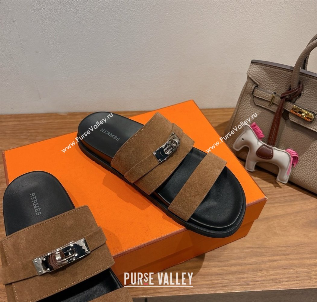 Hermes Jackson Flat Slides Sandal in Suede Dark Brown 2025 H082008 (XC-250820092)
