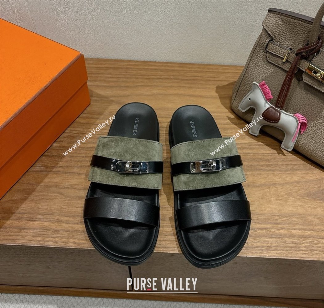 Hermes Jackson Flat Slides Sandal in Calfskin and Suede Green/Black 2025 H082008 (XC-250820093)