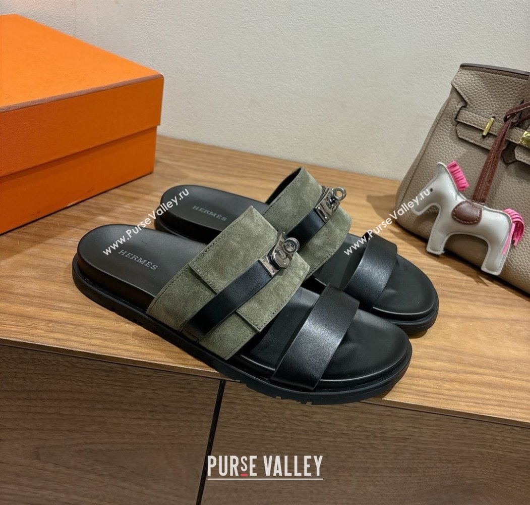 Hermes Jackson Flat Slides Sandal in Calfskin and Suede Green/Black 2025 H082008 (XC-250820093)