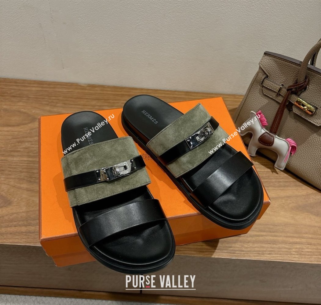 Hermes Jackson Flat Slides Sandal in Calfskin and Suede Green/Black 2025 H082008 (XC-250820093)