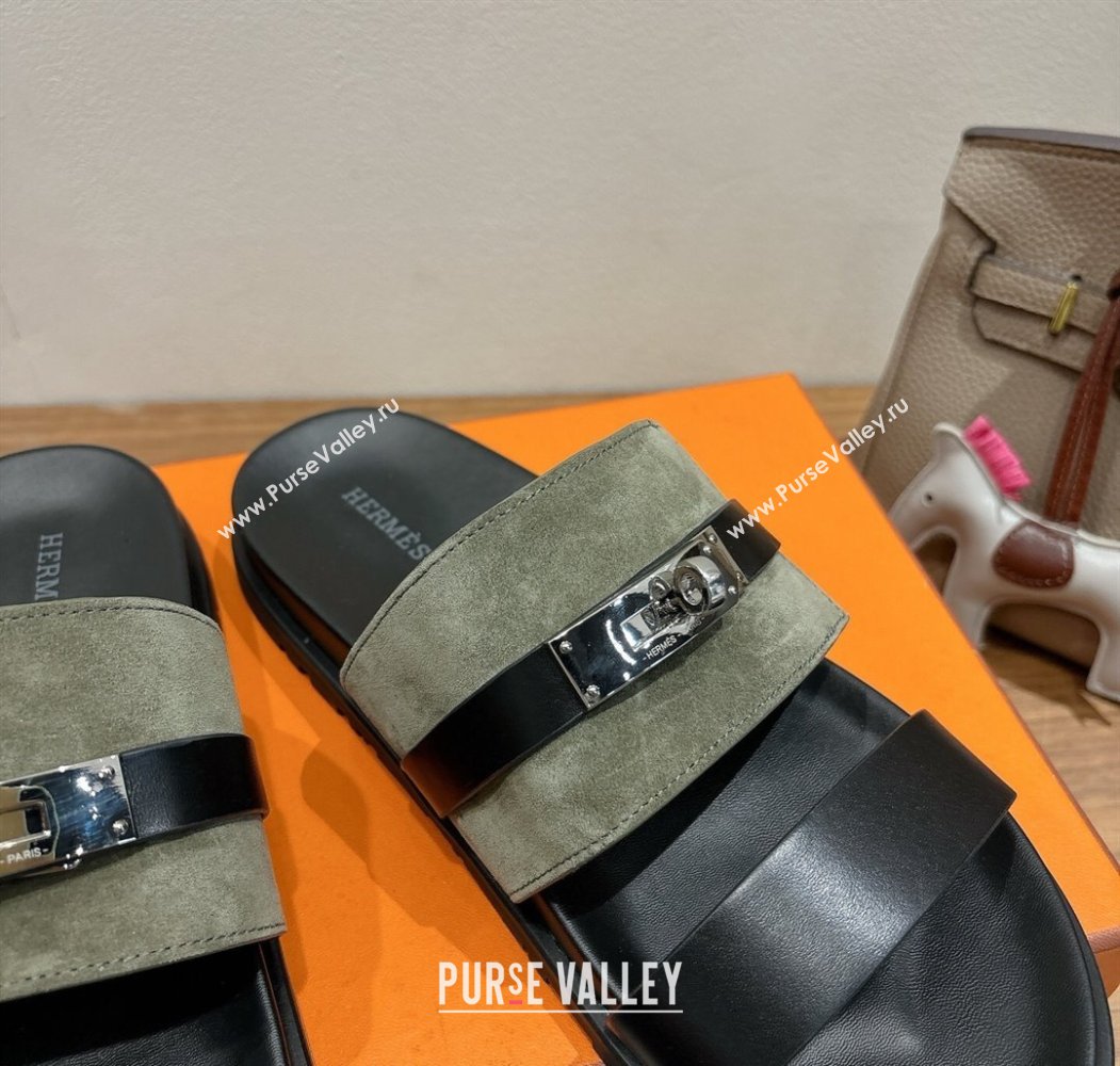 Hermes Jackson Flat Slides Sandal in Calfskin and Suede Green/Black 2025 H082008 (XC-250820093)