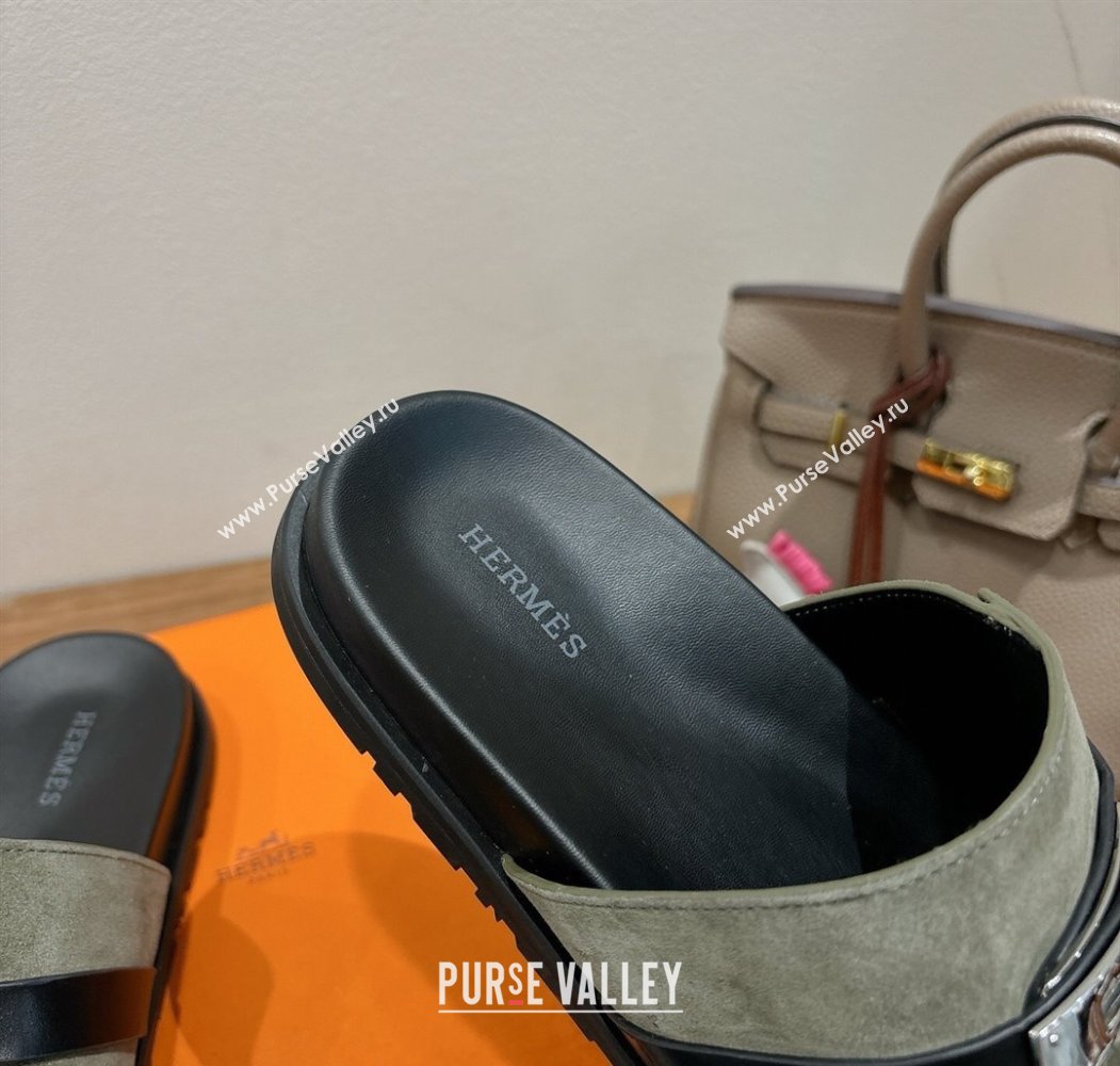 Hermes Jackson Flat Slides Sandal in Calfskin and Suede Green/Black 2025 H082008 (XC-250820093)