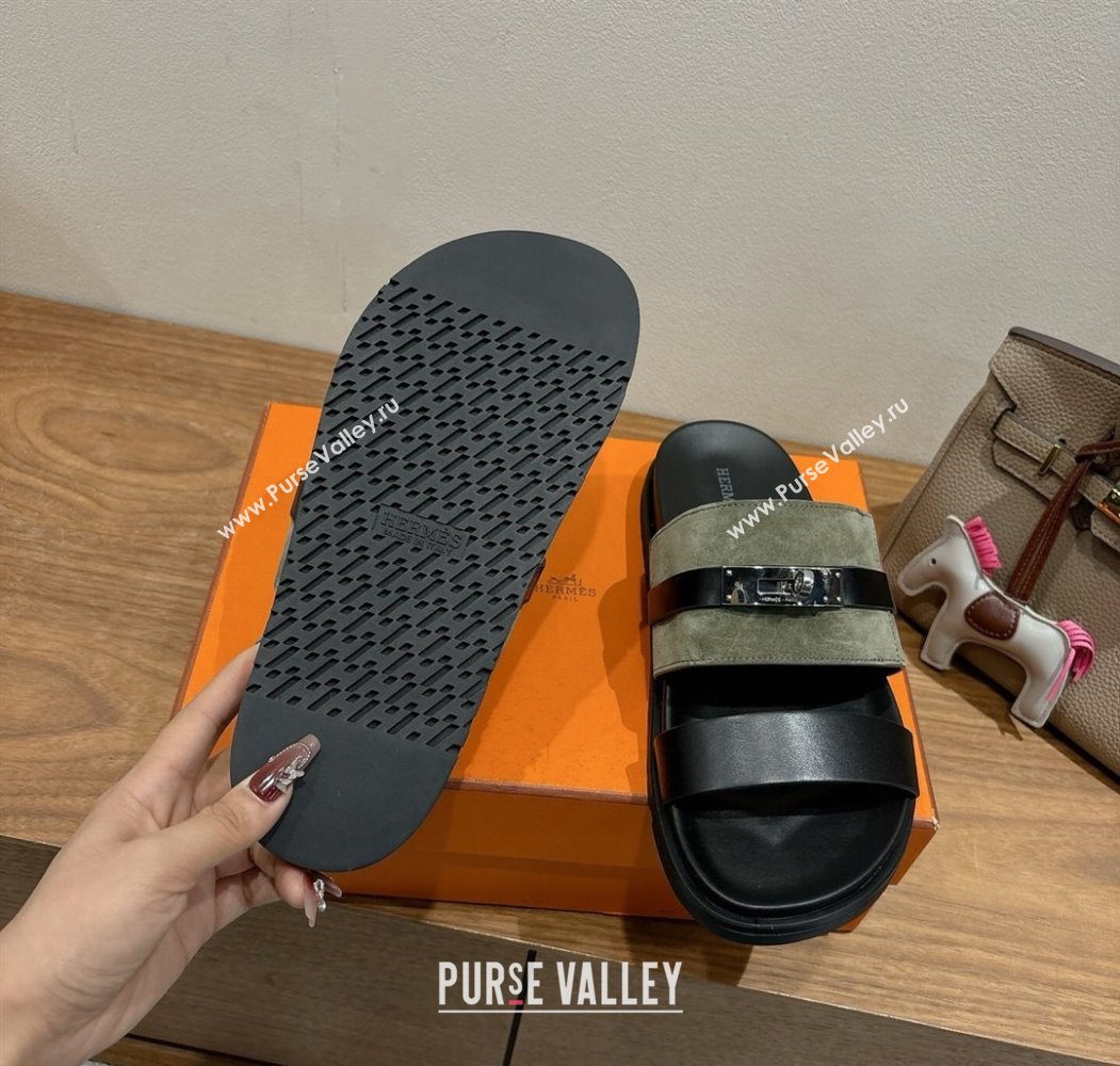 Hermes Jackson Flat Slides Sandal in Calfskin and Suede Green/Black 2025 H082008 (XC-250820093)