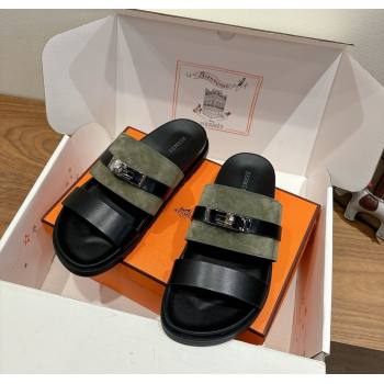 Hermes Jackson Flat Slides Sandal in Calfskin and Suede Green/Black 2025 H082008 (XC-250820093)
