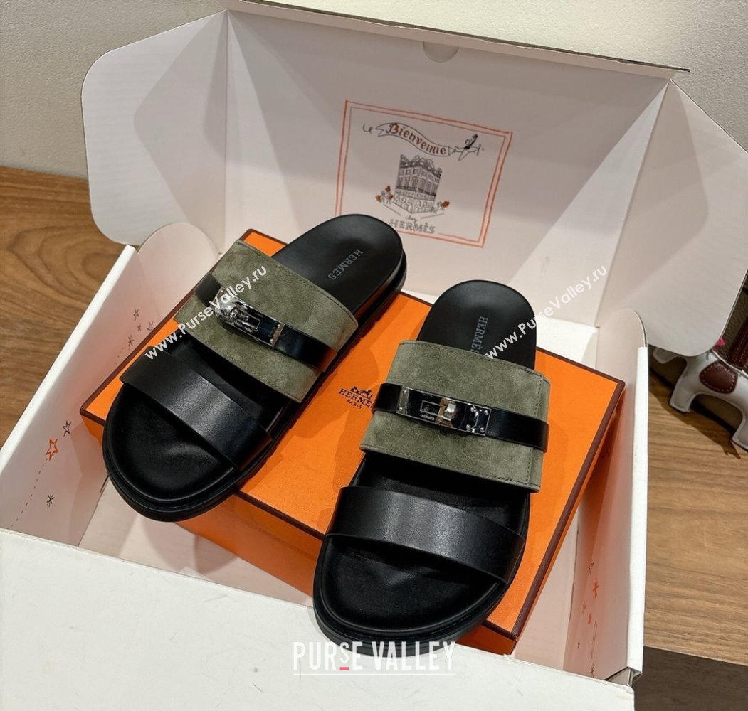 Hermes Jackson Flat Slides Sandal in Calfskin and Suede Green/Black 2025 H082008 (XC-250820093)