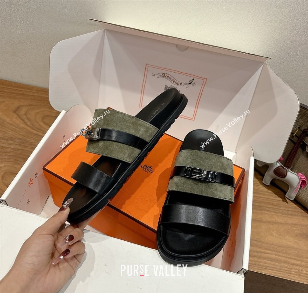 Hermes Jackson Flat Slides Sandal in Calfskin and Suede Green/Black 2025 H082008 (XC-250820093)