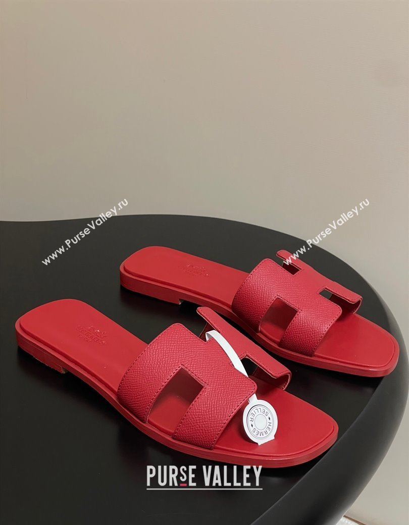 Hermes Oran Classic Flat Slides Sandal in Palm-Grained Calfskin Red 2025 0819 (MD-250819019)