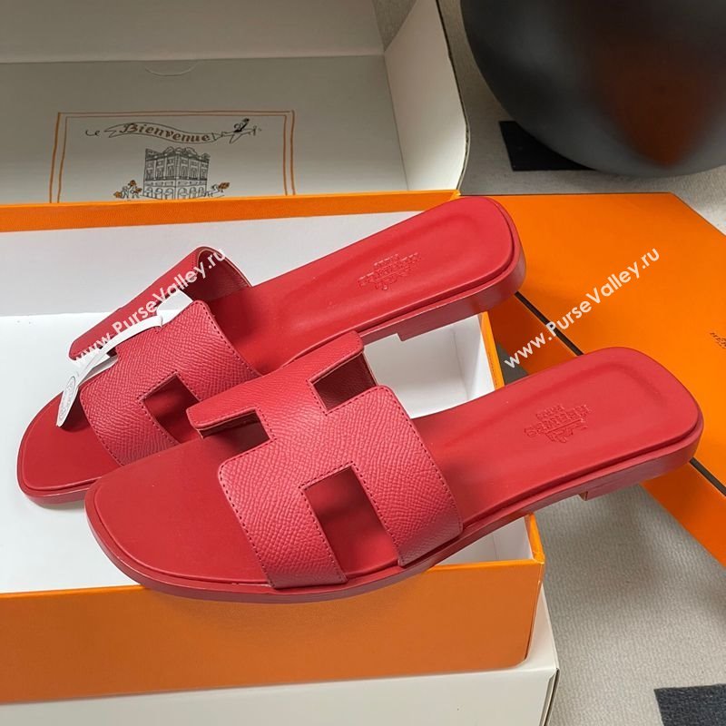 Hermes Oran Classic Flat Slides Sandal in Palm-Grained Calfskin Red 2025 0819 (MD-250819019)