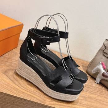 Hermes Elda Platform Wedge Sandals 8cm Grainy Calfskin Black 2025 H082010 (XC-250820101)