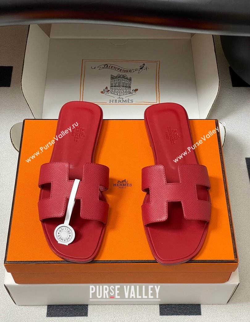 Hermes Oran Classic Flat Slides Sandal in Palm-Grained Calfskin Red 2025 0819 (MD-250819019)
