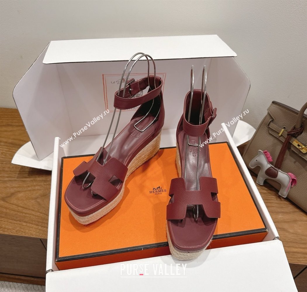 Hermes Elda Platform Wedge Sandals 8cm Grainy Calfskin Burgundy 2025 H082010 (XC-250820106)