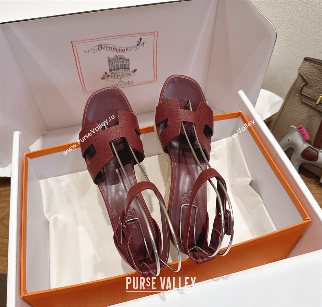 Hermes Elda Platform Wedge Sandals 8cm Grainy Calfskin Burgundy 2025 H082010 (XC-250820106)