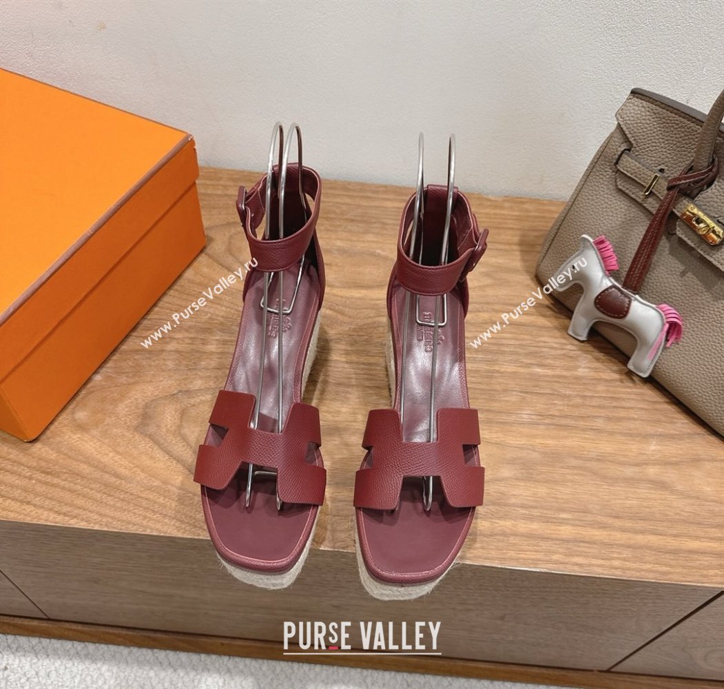 Hermes Elda Platform Wedge Sandals 8cm Grainy Calfskin Burgundy 2025 H082010 (XC-250820106)