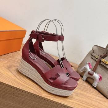 Hermes Elda Platform Wedge Sandals 8cm Grainy Calfskin Burgundy 2025 H082010 (XC-250820106)