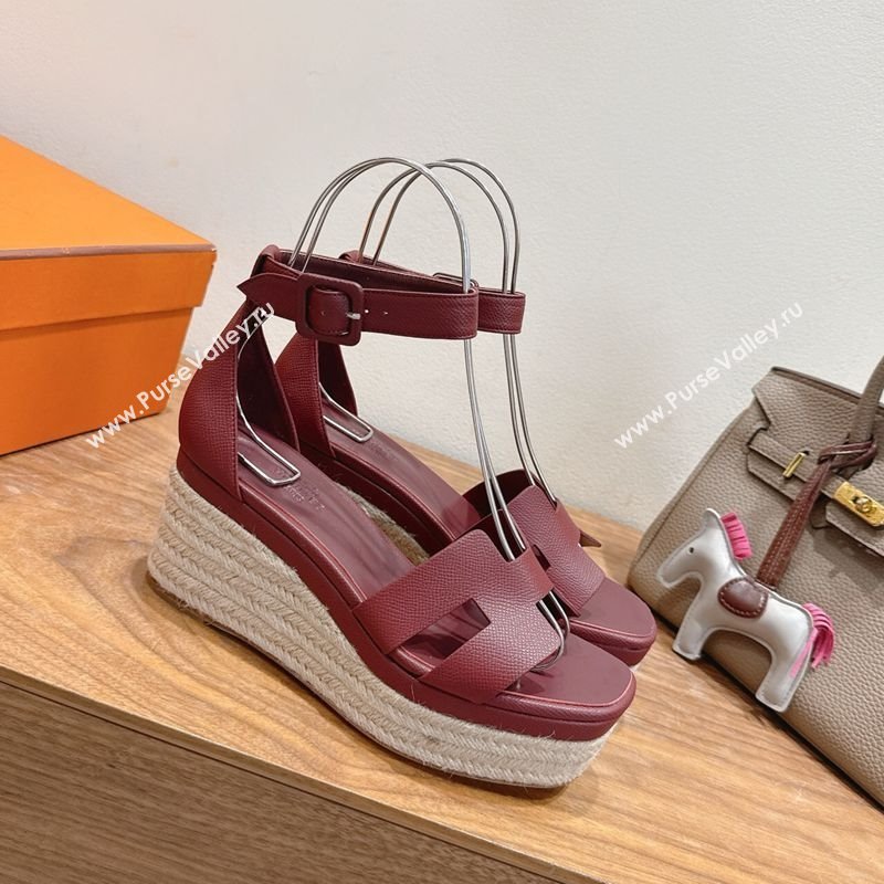 Hermes Elda Platform Wedge Sandals 8cm Grainy Calfskin Burgundy 2025 H082010 (XC-250820106)