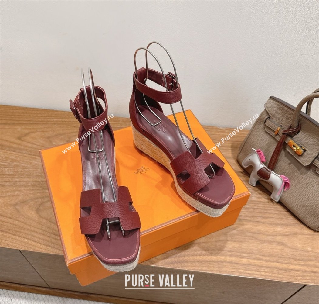 Hermes Elda Platform Wedge Sandals 8cm Grainy Calfskin Burgundy 2025 H082010 (XC-250820106)