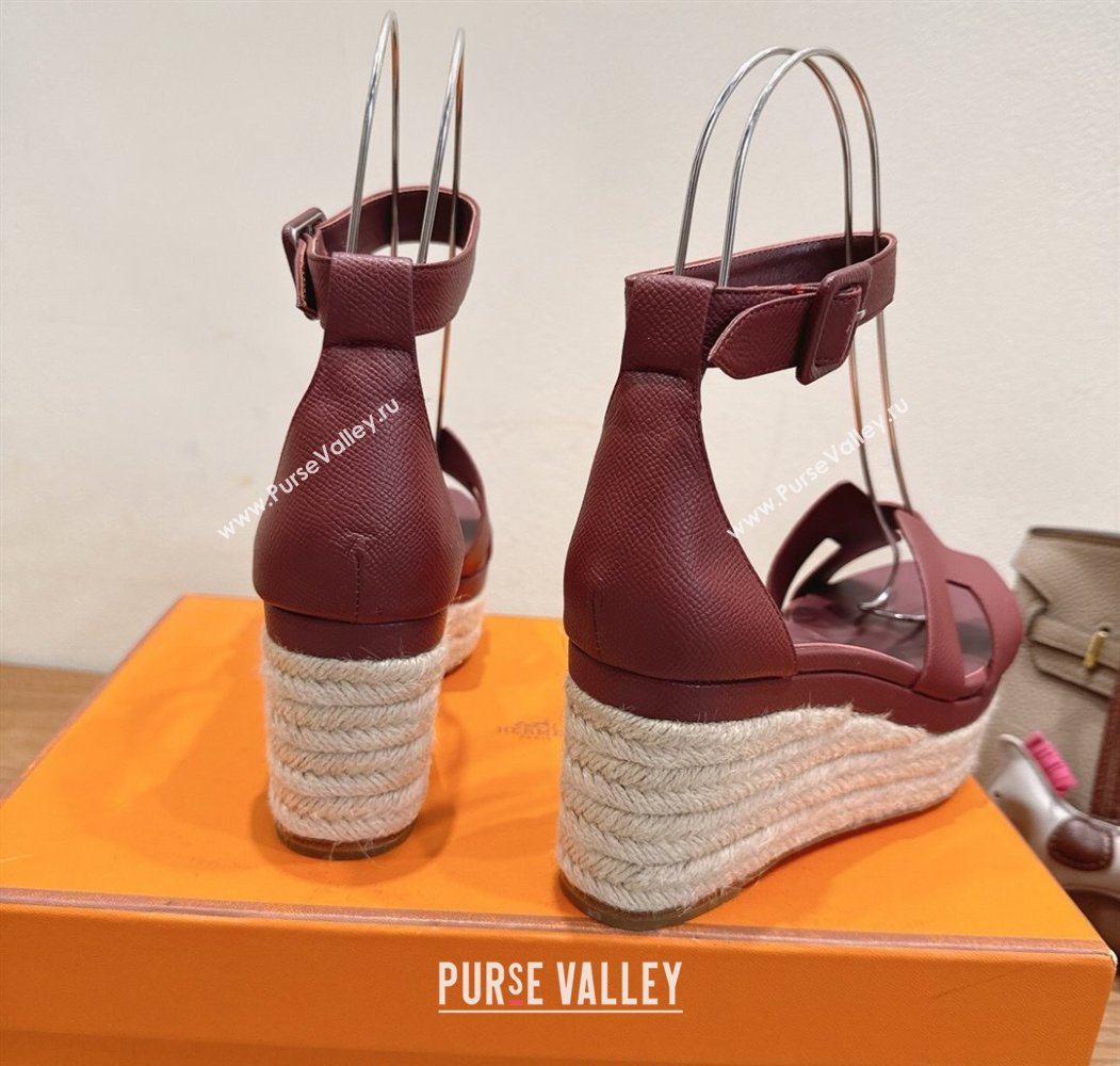 Hermes Elda Platform Wedge Sandals 8cm Grainy Calfskin Burgundy 2025 H082010 (XC-250820106)