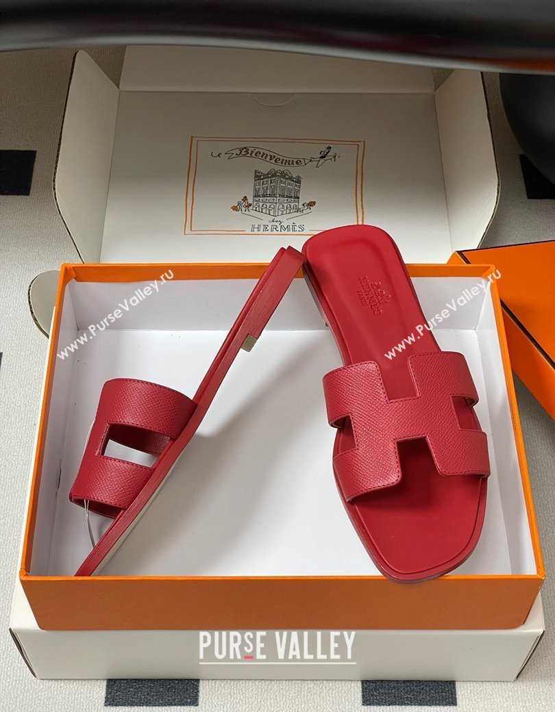 Hermes Oran Classic Flat Slides Sandal in Palm-Grained Calfskin Red 2025 0819 (MD-250819019)