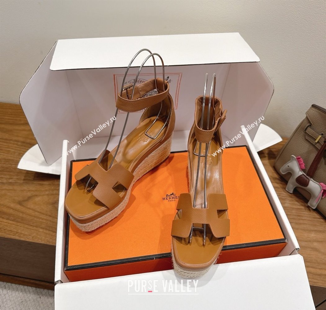 Hermes Elda Platform Wedge Sandals 8cm Grainy Calfskin Brown 2025 H082010 (XC-250820108)