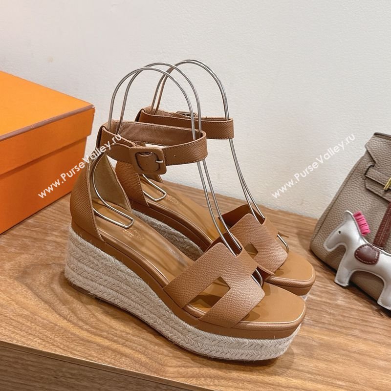 Hermes Elda Platform Wedge Sandals 8cm Grainy Calfskin Brown 2025 H082010 (XC-250820108)