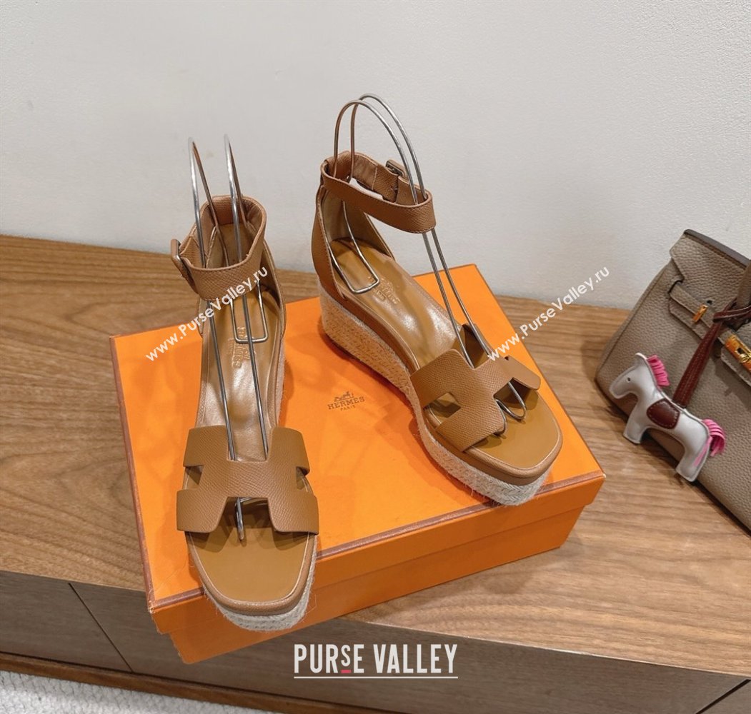 Hermes Elda Platform Wedge Sandals 8cm Grainy Calfskin Brown 2025 H082010 (XC-250820108)