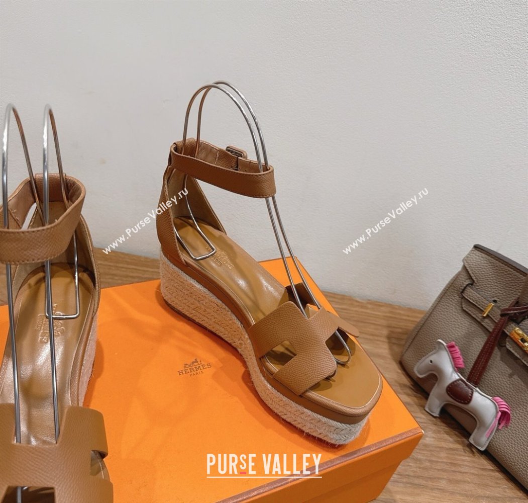 Hermes Elda Platform Wedge Sandals 8cm Grainy Calfskin Brown 2025 H082010 (XC-250820108)