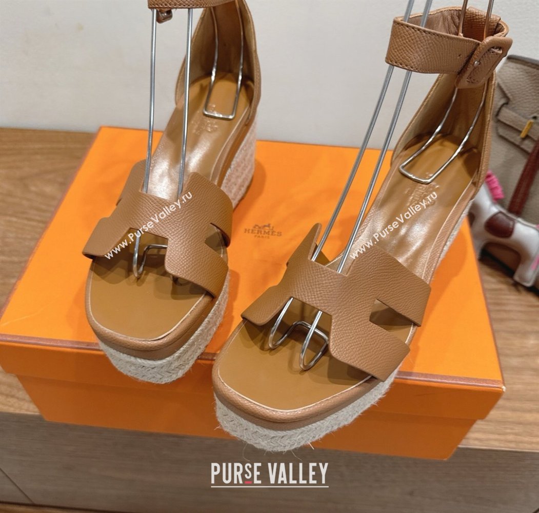 Hermes Elda Platform Wedge Sandals 8cm Grainy Calfskin Brown 2025 H082010 (XC-250820108)
