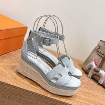Hermes Elda Platform Wedge Sandals 8cm Grainy Calfskin Light Blue 2025 H082010 (XC-250820109)