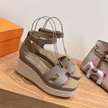 Hermes Elda Platform Wedge Sandals 8cm Grainy Calfskin Grey 2025 H082010 (XC-250820110)